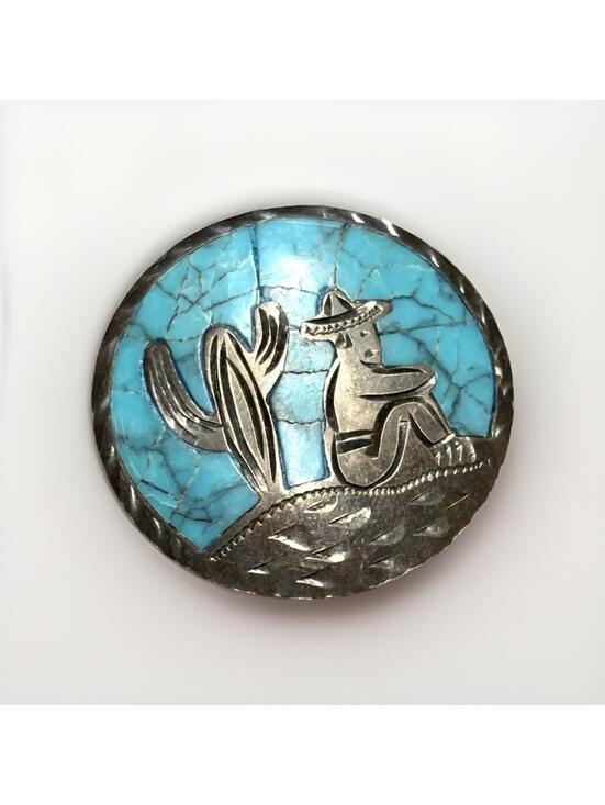 Jewelry - Vintage Turquoise Inlay Sombrero Brooch Pendant Mexican Southwest